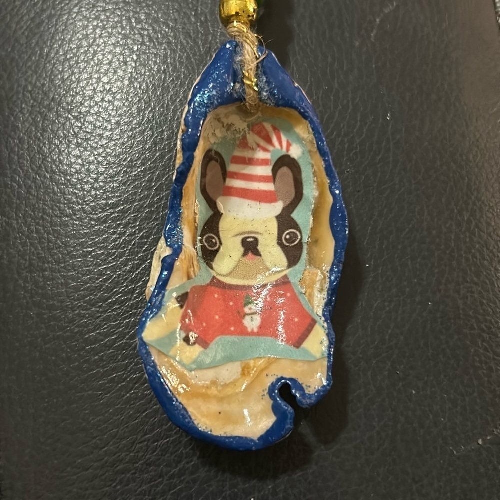 Hand Painted Dog—Boston or Frenchie Oyster Shell Ornament - Picture 2 of 5